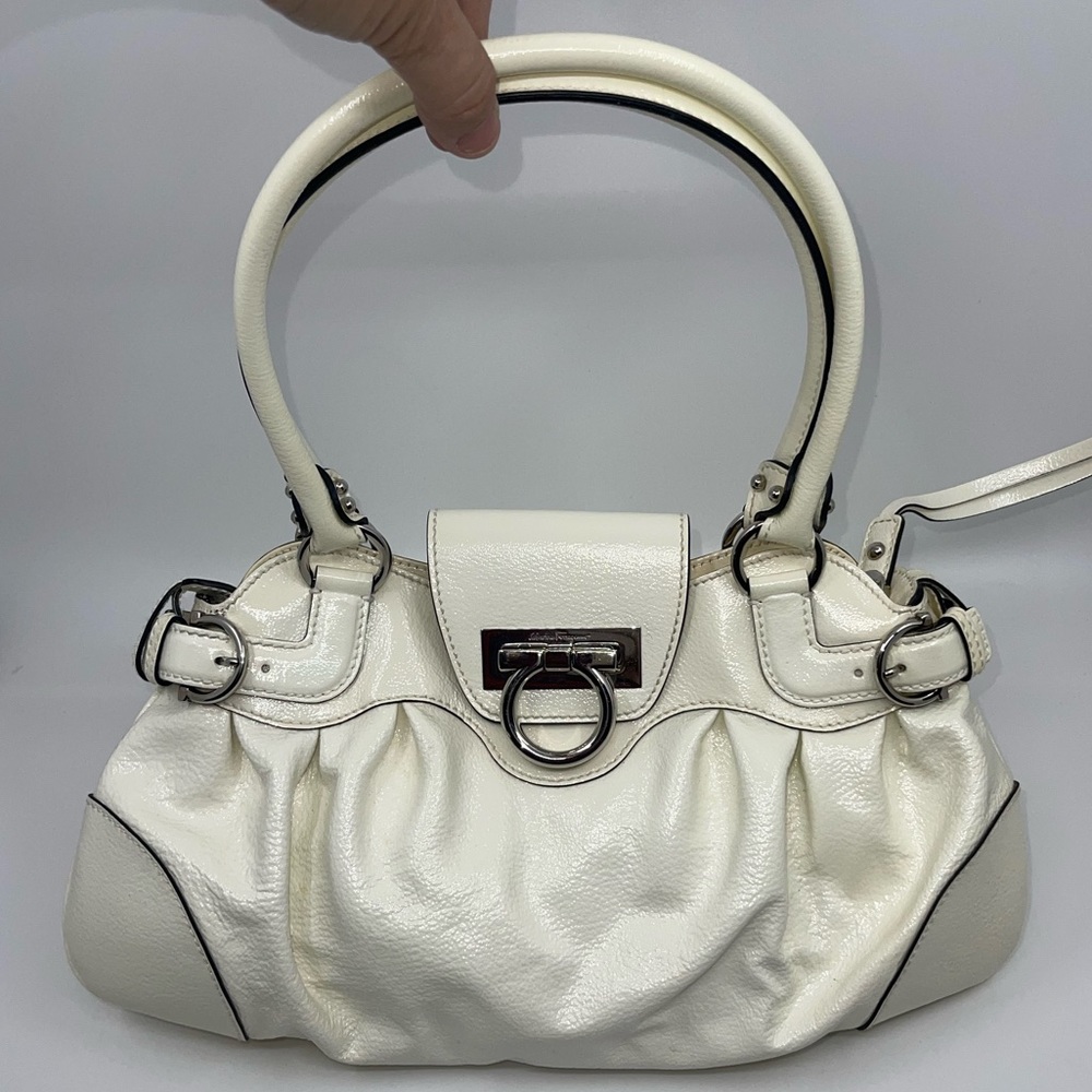 Salvatore Ferragamo Cream Gancini style Patent Satchel